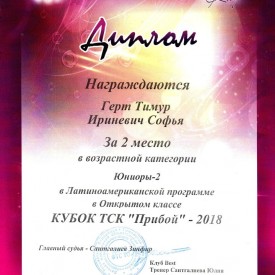 Диплом Кубок ТСК «Прибой» 2018